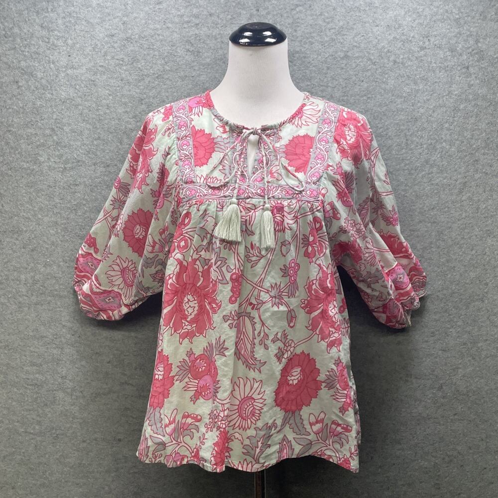 Jennifer Grace Womens S Floral Tunic Peasant Pink/Mint Boho Cottage 100% Cotton